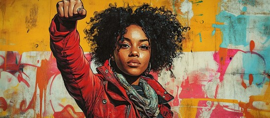 Empowered Woman with Raised Fist Against a Graffiti Wall