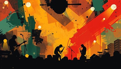 A vibrant abstract image of a band playing on a stage, with many colors and shapes. People are watching.