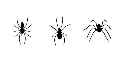 Spiders. Black bug spider silhouette. Scary Halloween animal arachnid, creepy dangerous insect, arachnophobia fear. Vector illustration