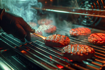 Grilling Up Juicy, Flavorful Burgers Infused with Smoky Rosewood Flavor for Enjoying. A hand skillfully grilling delicious burgers on a smoky barbecue, showcasing mouthwatering flavors and aromas