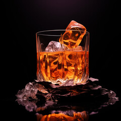 Crystal Glass of Whiskey with Ice, Highlighting the Rich Amber Tones and Textured Glass Design