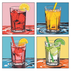 Four Glasses of Refreshing Cocktails in Different Colors – Lemon, Lime, and Ice Drinks Illustration for Summer Party and Bar Menu 1960-1980 style