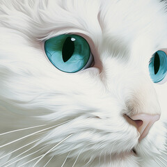 Fluffy White Cat with Striking Blue Eyes – Elegant Feline Close‑Up Illustration