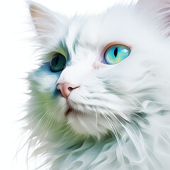 White Long‑Haired Cat with Bright Blue Eyes – Close‑Up Pet Portrait on White Background