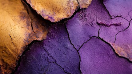 Naklejka premium A detailed view of a wall's damaged surface, displaying purple, yellow, and orange hues in the cracked paint