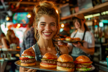 A woman is smiling and holding a tray with three hamburgers. The hamburgers are on a silver tray and are placed on top of each other. The woman is wearing an apron and she is a server at a restaurant