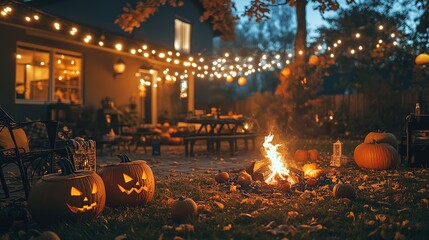 Halloween celebration in a decorated backyard with string lights, pumpkins, and a bonfire, with guests enjoying spooky-themed snacks and drinks