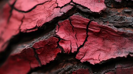  A tight shot of a tree trunk's bark exhibiting red hue suggestive of painted wood