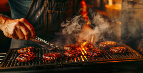 Grilling Up Juicy, Flavorful Burgers Infused with Smoky Rosewood Flavor for Enjoying. A hand skillfully grilling delicious burgers on a smoky barbecue, showcasing mouthwatering flavors and aromas