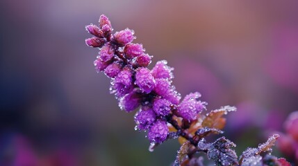 Obraz premium A tight shot of a purple bloom, its petals speckled with water droplets, against a softly blurred backdrop