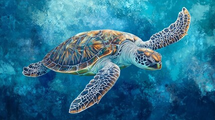 Obraz premium A curious sea turtle gliding through the deep ocean, its shell adorned with unique patterns. The serene expression of the turtle and the surrounding blue water create a tranquil underwater atmosphere.