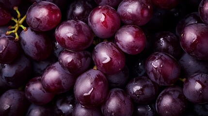 Fototapeta premium A bunch of grapes resting atop water droplets, stacked beneath them