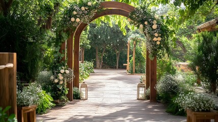 Sustainable and Eco Friendly Botanical Arch Featuring Lush Greenery Wooden Textures and Elegant Floral Elements for a Serene and Inviting Outdoor Landscape
