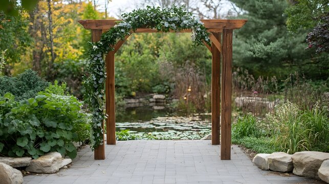 Wooden arch decorated with greenery foliage and natural elements creating a serene and sustainable backdrop for an outdoor or event