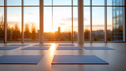 Fototapeta premium Modern fitness yoga studio with panoramic windows showcasing city views equipped with exercise mats promoting work-life balance, health, wellness, yoga, meditation, and sports for women