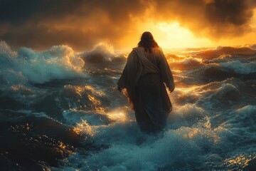 Obraz premium ethereal jesus walking on turbulent waters at twilight divine light emanating from his form creating a luminous path across the sea