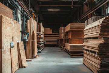 Obraz premium Stacked Plywood and Wooden Planks in Industrial Warehouse