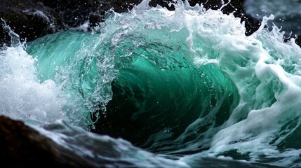 Obraz premium A tight shot of a wave crashing over a rock at the ocean's edge, with water spraying behind it