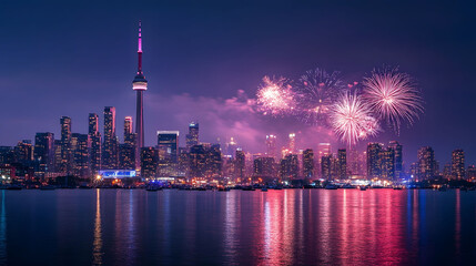 Obraz premium City skyline illuminated by vibrant fireworks, celebrating a festive night, showcasing urban architecture against a dazzling display.