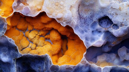 Obraz premium A tight shot of an orb-shaped rock formation, featuring orange and blue stones at its core In the heart of this composition lies a minute hollow