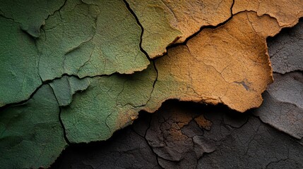  A tight shot of a weathered wooden panel displaying a green, yellow, and black color scheme with peeling paint