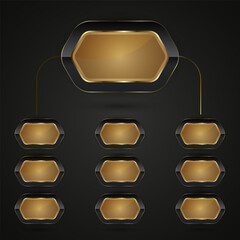 A chart of rectangle Black and gold buttons with Luxury Hexagon-shaped design with golden, metallic sheen at the center, vector illustration