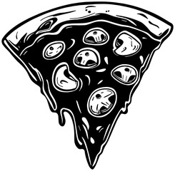 Illustration in black of a slice of pizza with cheese dripping, isolated 