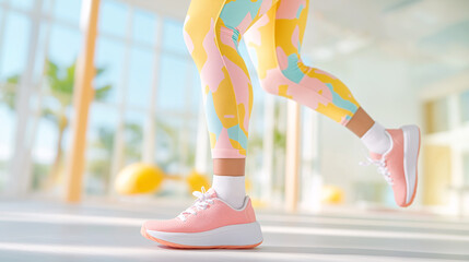 Close-up of a woman in the gym engaging in cardio fitness by running in place and jumping while wearing colorful leggings and sneakers showcasing a pastel palette reflecting an active lifestyle