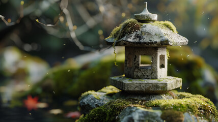 Naklejka premium Japanese stone lantern in serene moss garden 