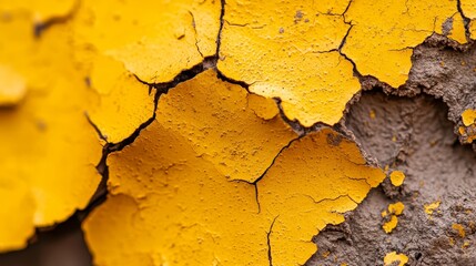  A tight shot of yellow and brown paint on a weathered concrete wall, displaying chipped areas