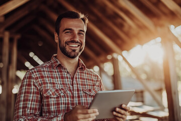 Construction professional using a tablet inside a wooden building structure, smiling confidently in the warm sunlight, showcasing modern tools in construction