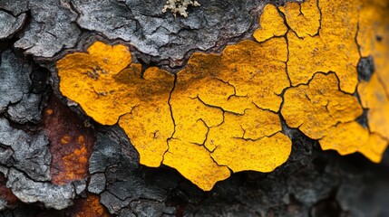 A tight shot of tree bark, revealing yellow and gray layers in the process of peeling away
