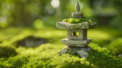 Japanese stone lantern in serene moss garden
