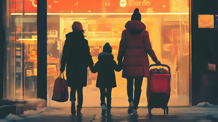 Family Outing for Errands, joyful moments at a local store, engaging with community, creating shared experiences, teamwork in daily life