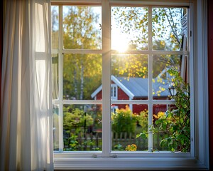 Window with white curtain, garden view, red house, sunny day, street lamp visible, bokeh effect, photo taken from inside, Sweden.