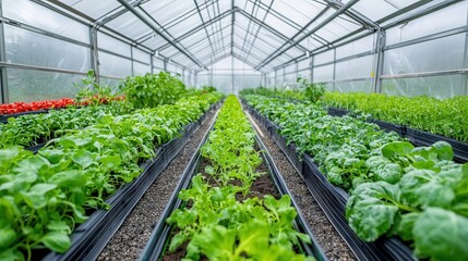Greenhouse using hydroponic NFT Nutrient Film Technique systems to grow vegetables in a water-efficient and sustainable manner