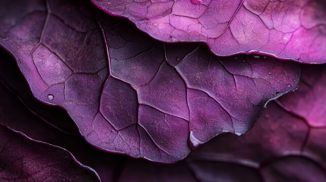  A tight shot of a purpled leaf, adorned with water droplets, giving an impression of wilting