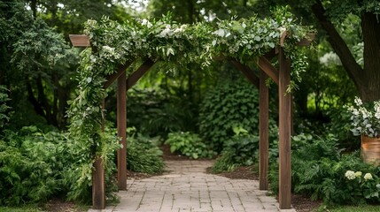 Enchanting botanical arch with lush verdant greenery natural wooden textures and a warm earthy rustic look creating an inviting and charming entryway or walkway for outdoor events and gatherings