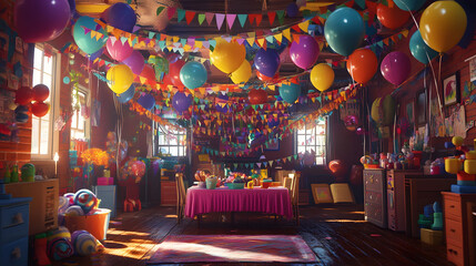 Naklejka premium Vibrant celebration space adorned with colorful balloons, cheerful banners, and playful streamers, creating a joyful atmosphere for festivities