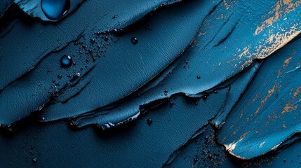  A tight shot of blue and gold paint with water drops at its base