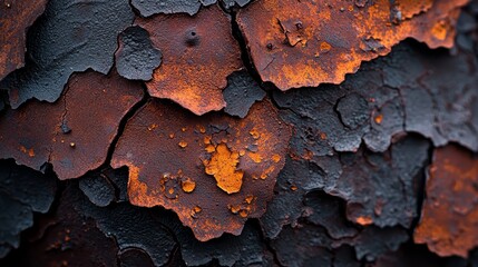 A tight shot of tree bark, colored orange and black with rusty patches