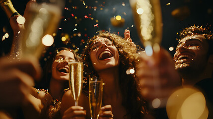 Midnight Celebration, friends toasting with champagne, vibrant confetti falling, joyous atmosphere, festive spirit, moment of togetherness and cheer