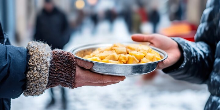 Hands Holding Plate of Food, Helping The Homeless, Charity and Donation
