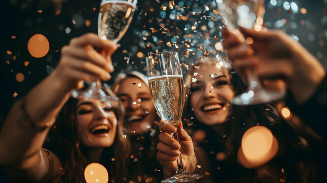 Midnight Celebration with Friends, joyous gathering, champagne toasts, vibrant confetti, festive atmosphere, memorable moments shared
