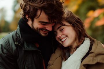 Fototapeta premium A happy young couple in love, warmly dressed, laughing and embracing outdoors in a park during the autumn season with colorful leaves in the background