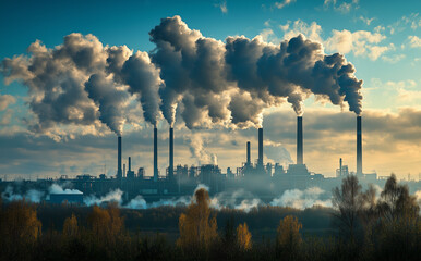 A large industrial factory releases thick smoke from multiple chimneys into the sky, highlighting environmental pollution and air quality concerns.