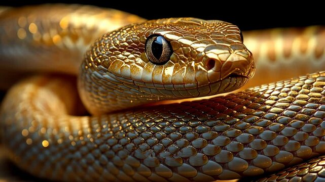 Captivating golden snake showcasing its stunning glimmering scales against a sleek black background