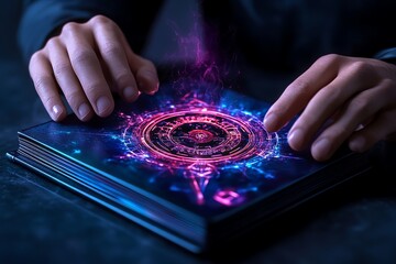Fantasy depiction of a person using a holographic spellbook for learning, symbolizing the fusion of magic and future educational trends