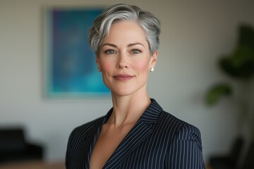professional white woman with short grey hair in a tailored pinstripe suit, standing confidently in a boardroom with sleek furniture