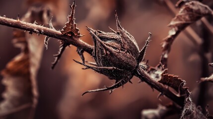  A tight shot of a thorn on a branch, with nearby branches in sharp focus and a blurred background